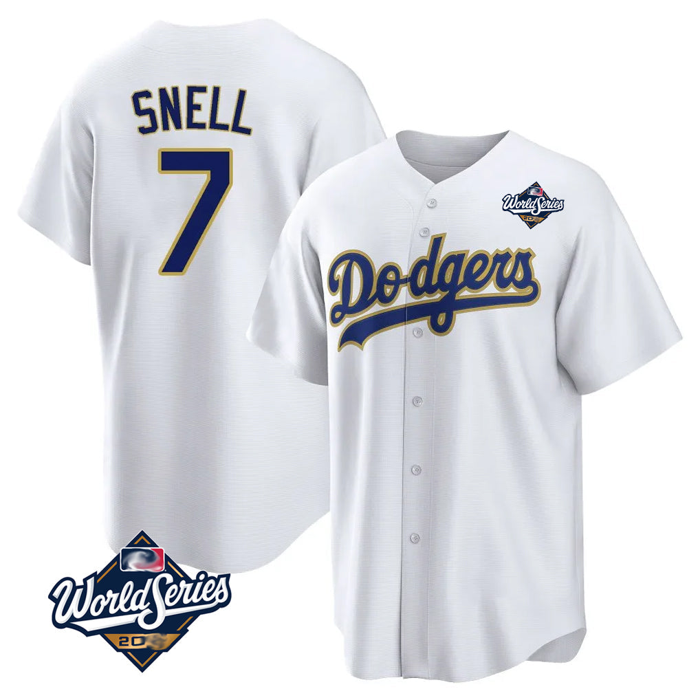 Fenge LA.Dodgers #7 Blake Snell Player Gold White World Series Home Game Stitched Jerseys