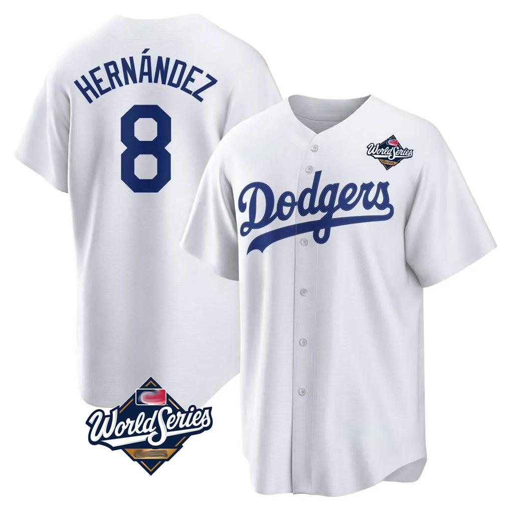 Fenge LA.Dodgers #8 Enrique Hern?¡ì?¨¦ndez Player White World Series Game Home Stitched Jerseys