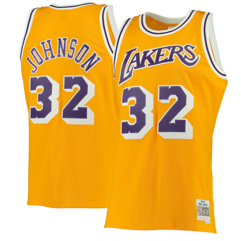 Fenge LA.Lakers #32 Magic Johnson Mitchell & Ness Gold 1984-1985 Hardwood Classics Authentic Jerseys
