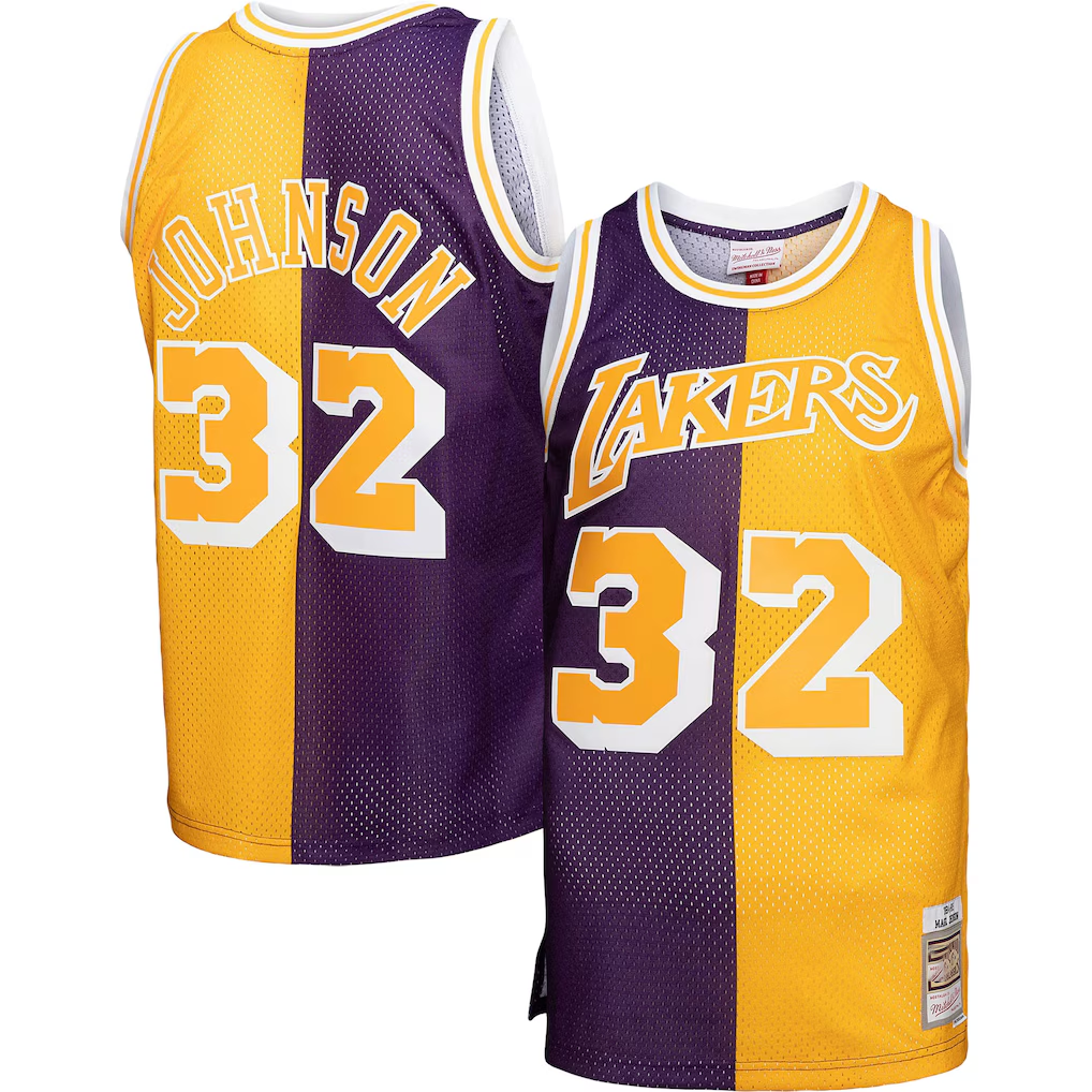 Fenge LA.Lakers #32 Magic Johnson Mitchell & Ness PurpleGold Big & Tall Hardwood Classics 198485 Split Swingman Jerseys