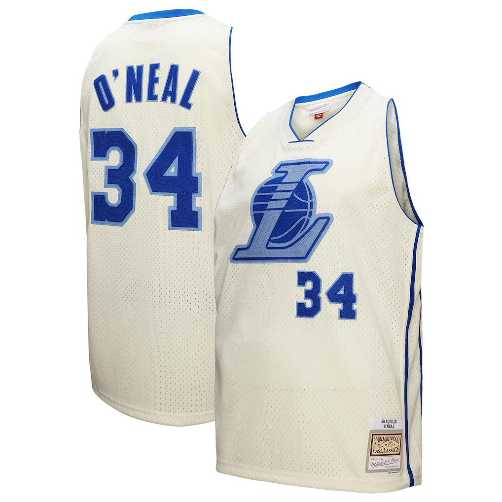 Fenge LA.Lakers #34 Shaquille O'Neal Mitchell & Ness Cream Chainstitch Swingman Jerseys