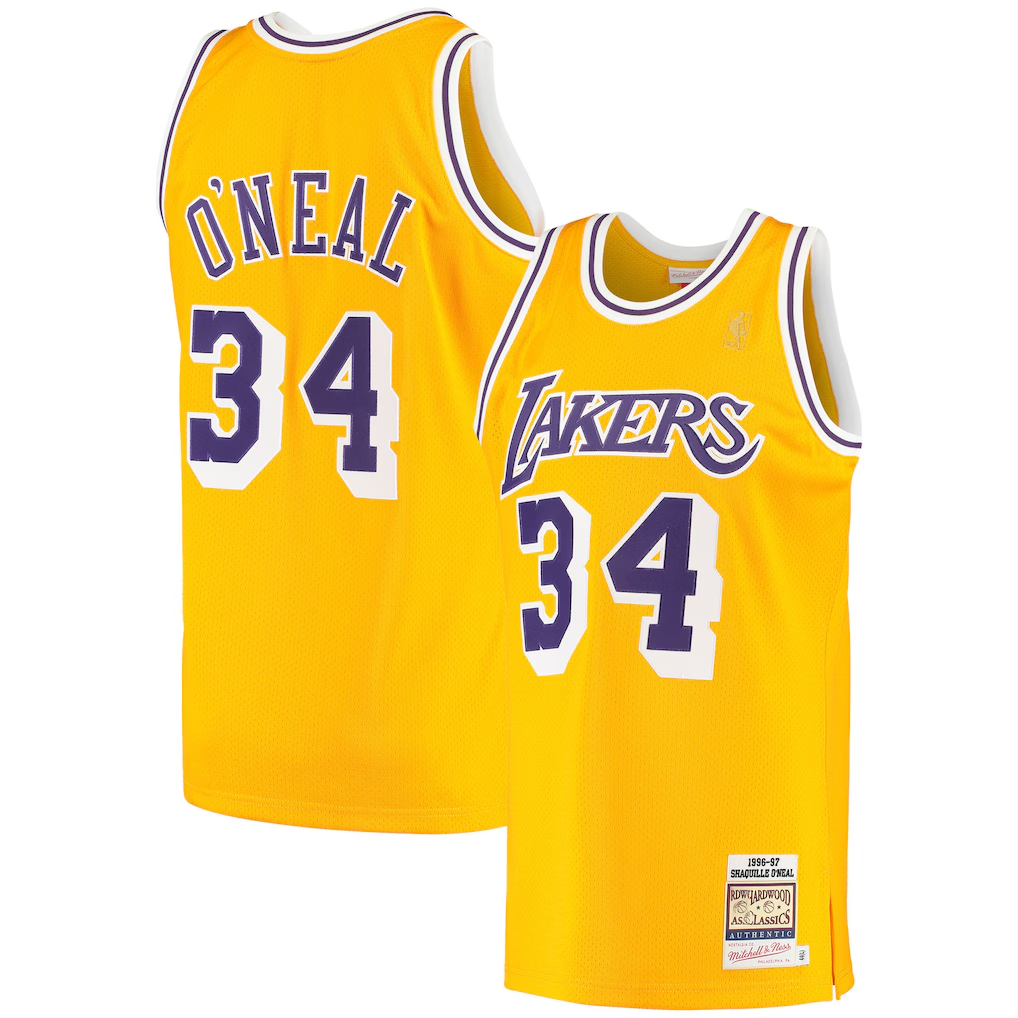 Fenge LA.Lakers #34 Shaquille O'Neal Mitchell & Ness Gold 1996-1997 Hardwood Classics Authentic Jerseys
