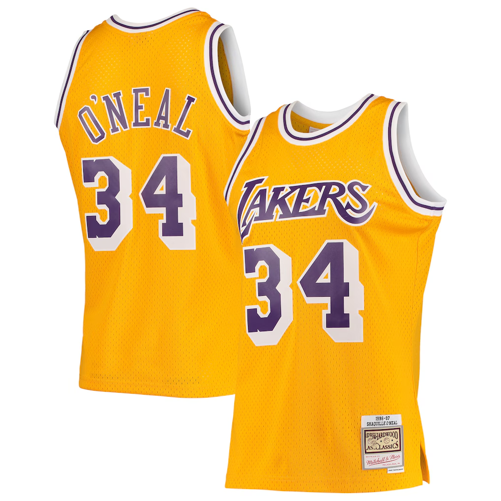 Fenge LA.Lakers #34 Shaquille O'Neal Mitchell & Ness Gold 199697 Hardwood Classics Swingman Jerseys