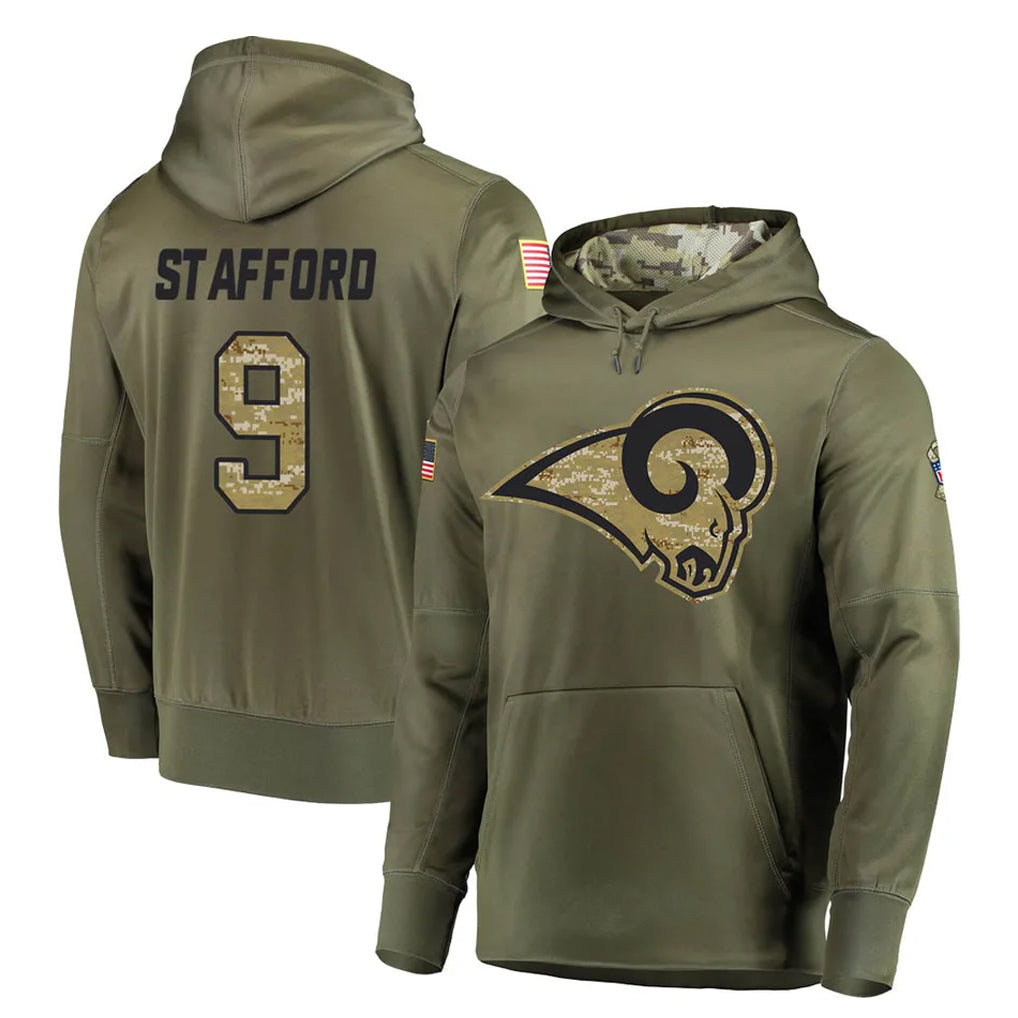 Fenge LA.Rams #9 Matthew Stafford Player Olive Salute to Service Pullover Hoodies Home Game Stitched Jerseys