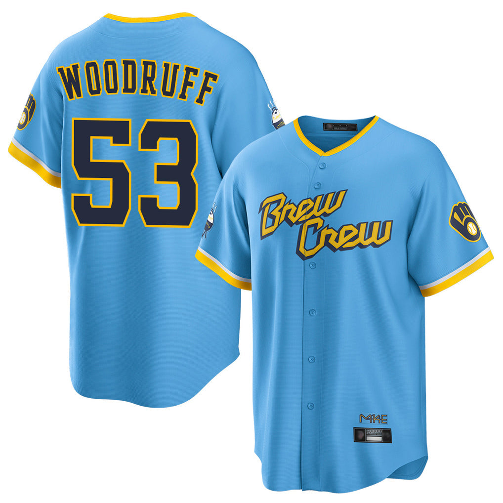 Fenge M.Brewers #53 Brandon Woodruff Player Light Blue City Connect Home Game Stitched Jerseys