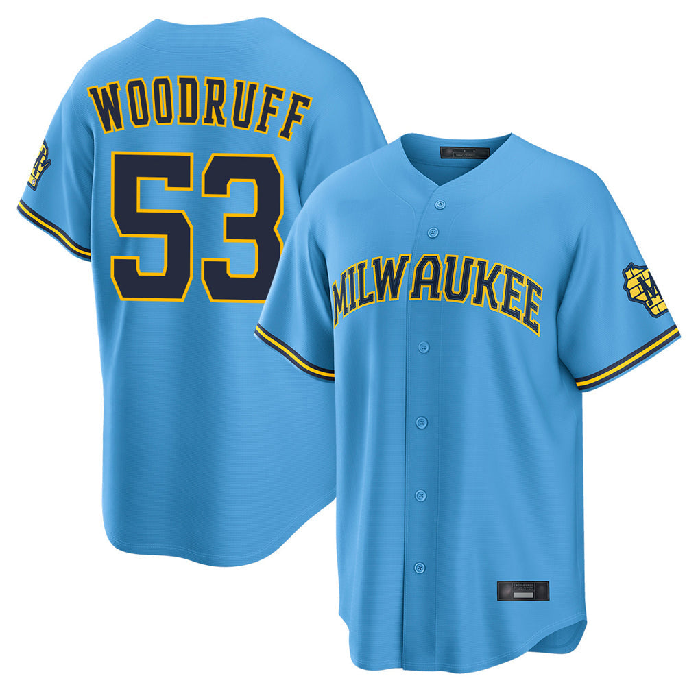 Fenge M.Brewers #53 Brandon Woodruff Player Light Blue Road Stadium Game Stitched Jerseys