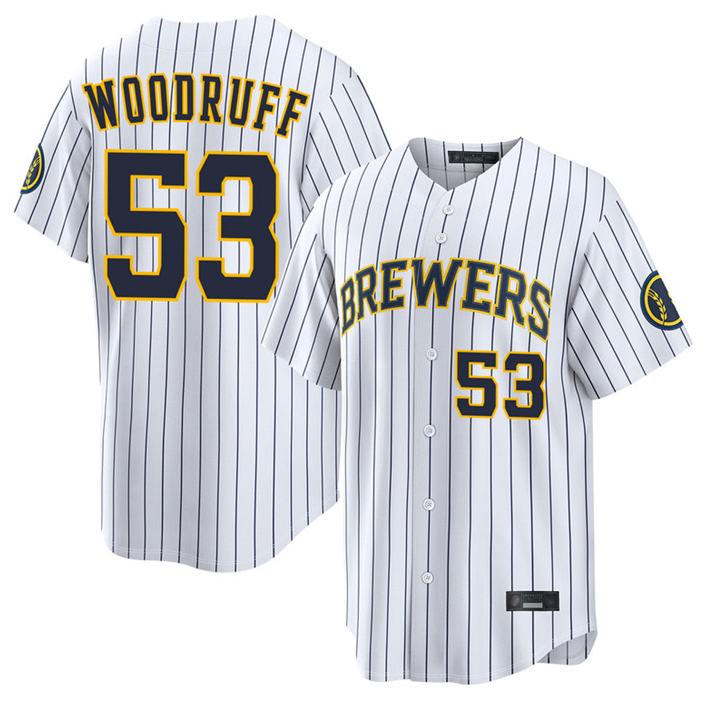 Fenge M.Brewers #53 Brandon Woodruff Player White Stripes Home Limited Game Stitched Jerseys