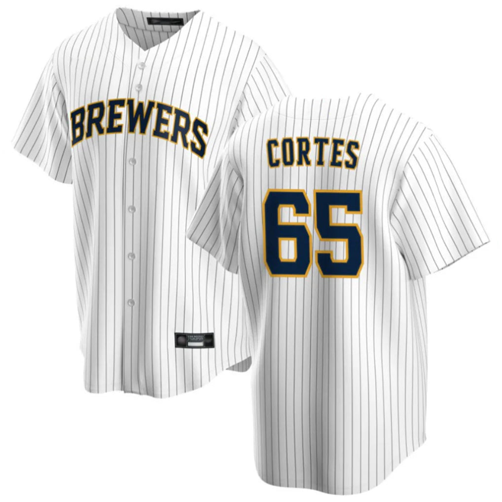 Fenge M.Brewers #65 Nestor Cortes Player White Stripes Home Game Stitched Jerseys
