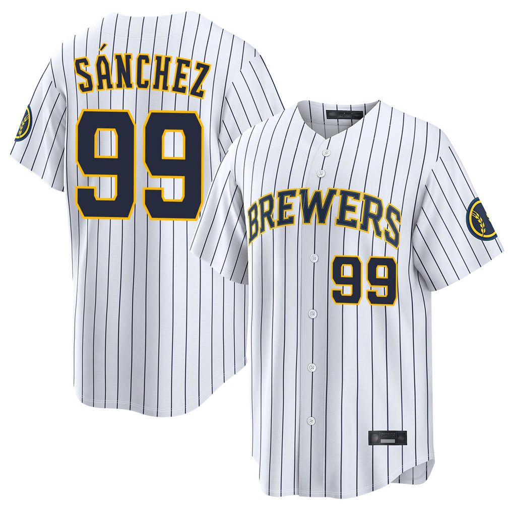 Fenge M.Brewers #99 Gary Sanchez Player White Stripes Home Limited Game Stitched Jerseys