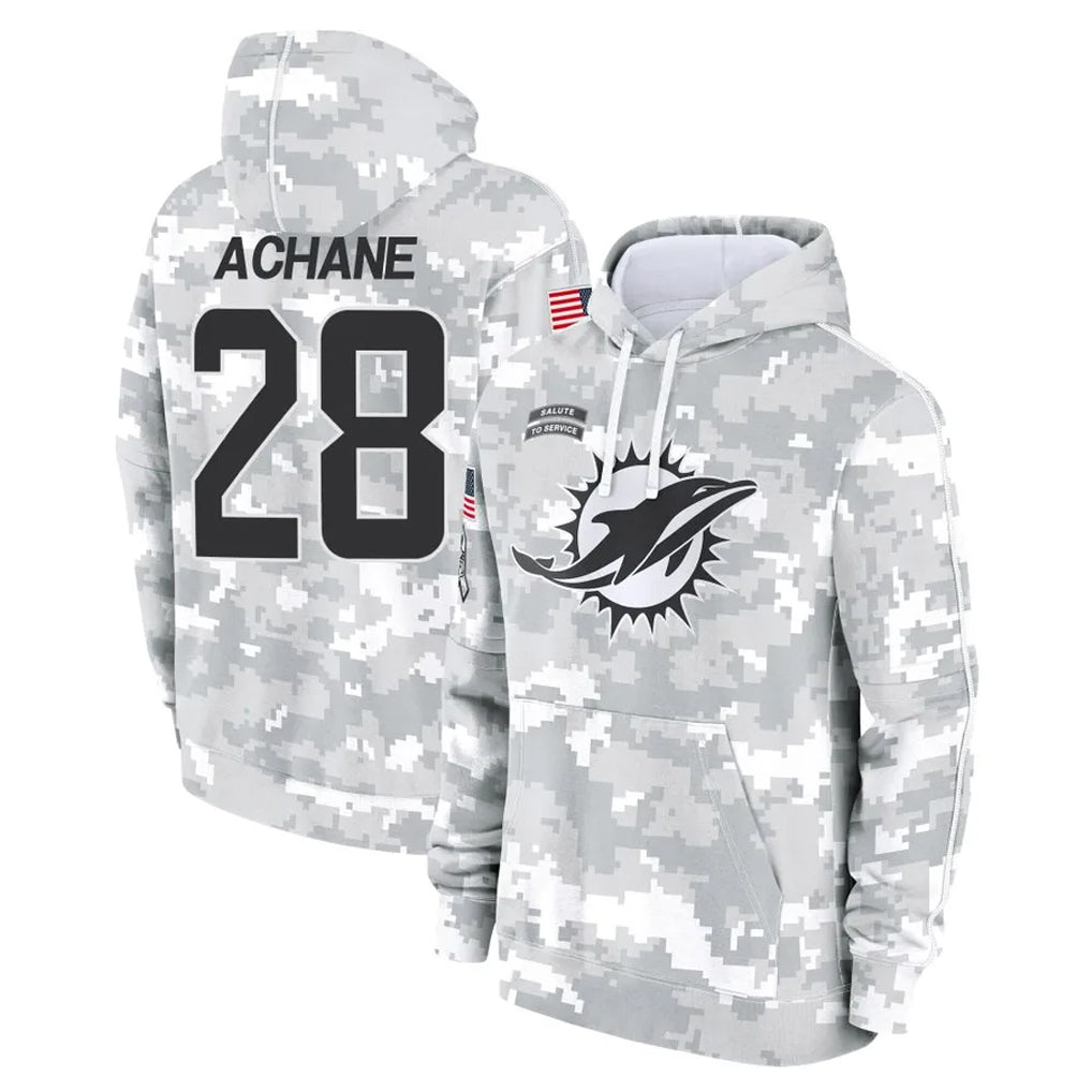 Fenge M.Dolphins #28 De'Von Achane Player Arctic Camo Salute to Service Hoodies Limited Game Stitched Jerseys