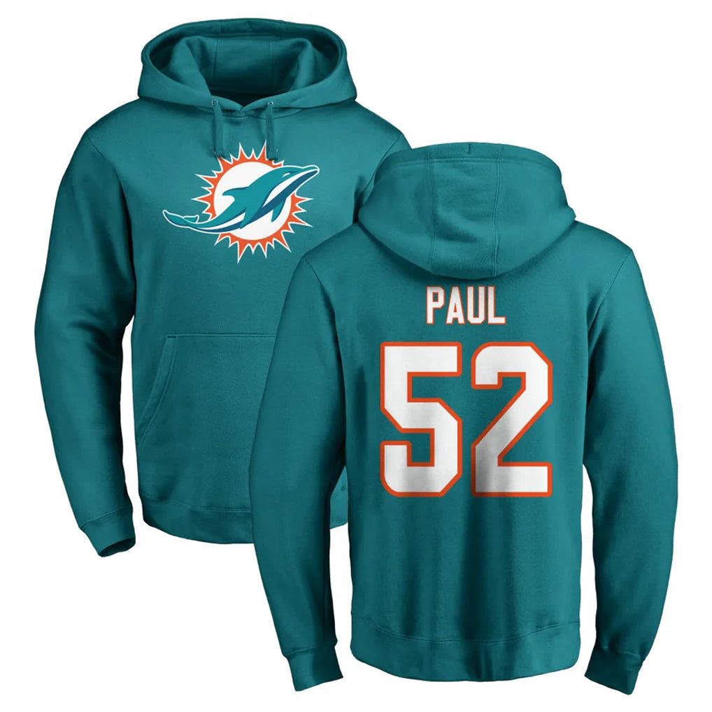 Fenge M.Dolphins #52 Patrick Paul Player Aqua LOGO Pullover Hoodies Limited Stitched Jerseys