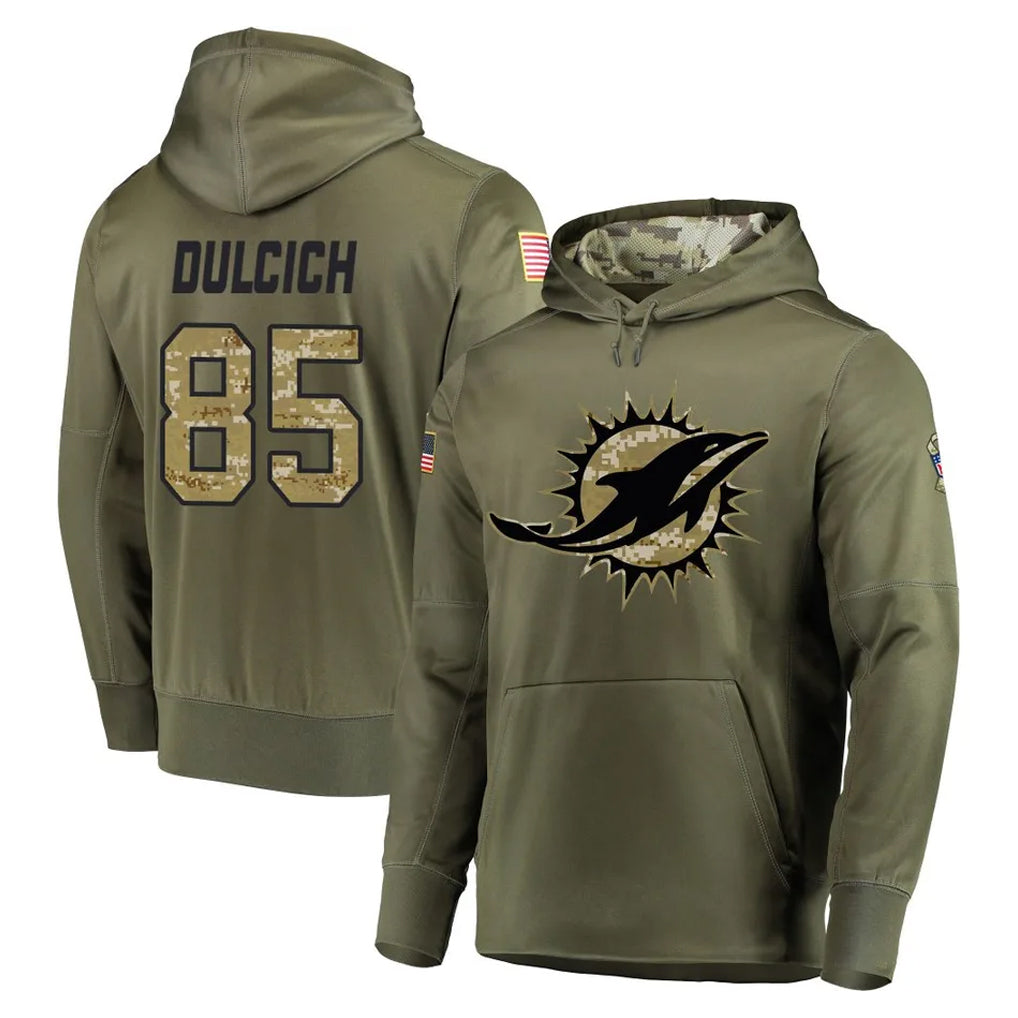 Fenge M.Dolphins #85 Greg Dulcich Player Olive Salute to Service Pullover Hoodies Home Game Stitched Jerseys