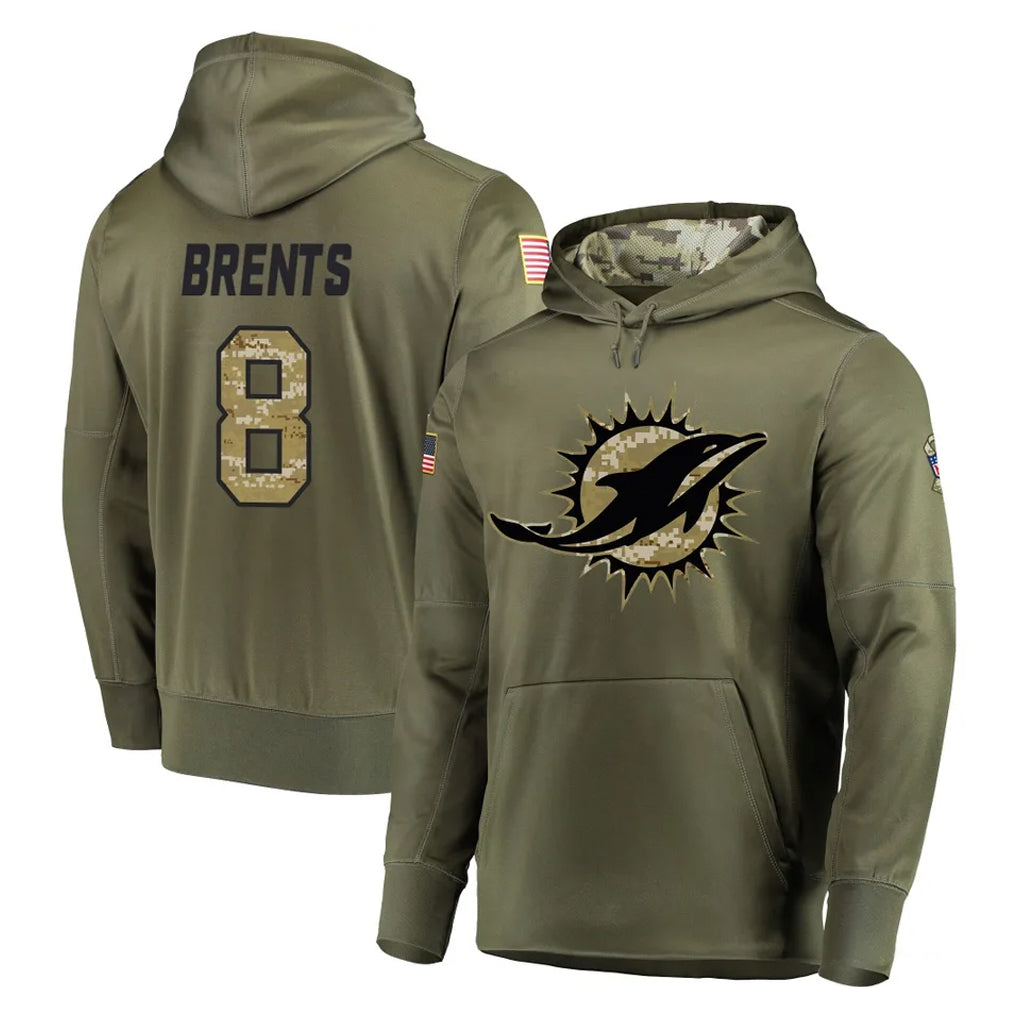 Fenge M.Dolphins #8 JuJu Brents Player Olive Salute to Service Pullover Hoodies Home Game Stitched Jerseys