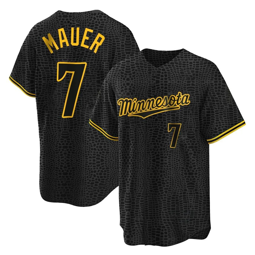 Fenge M.Twins #7 Joe Mauer Player Black Snake Skin City Home Game Stitched Jerseys