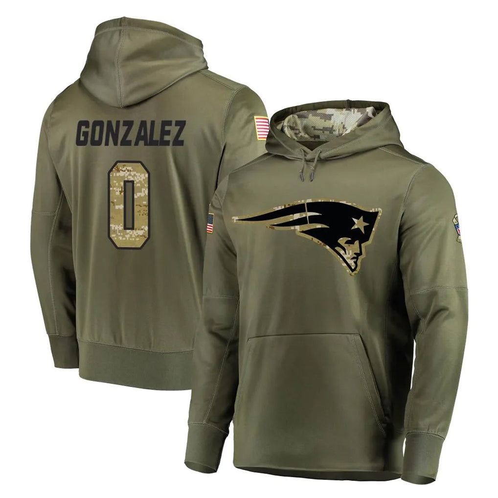 Fenge NE.Patriots #0 Christian Gonzalez Player Olive Salute to Service Pullover Hoodies Home Game Stitched Jerseys