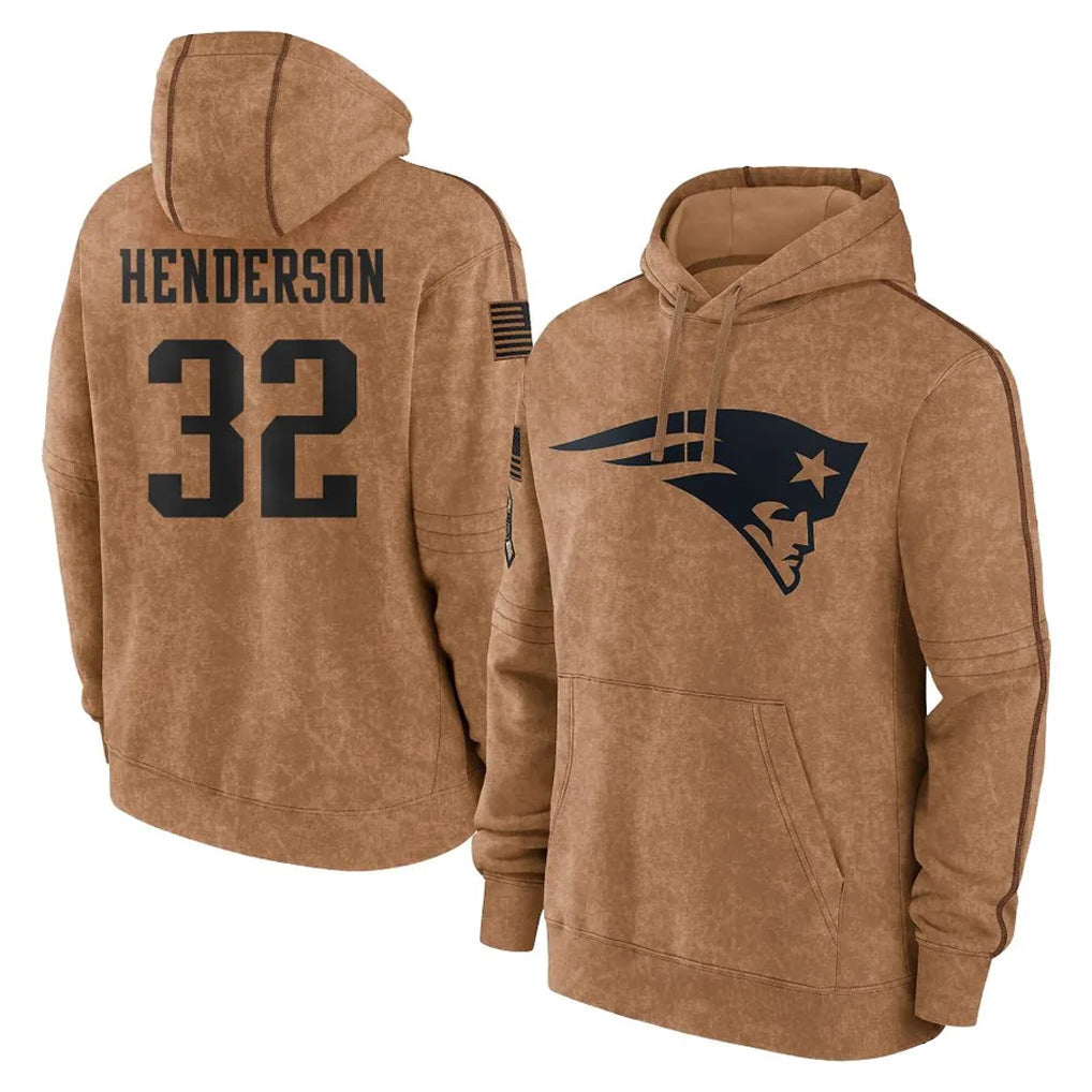 Fenge NE.Patriots #32 TreVeyon Henderson Player Brown Salute to Service Pullover Hoodies Limited Game Stitched Jerseys