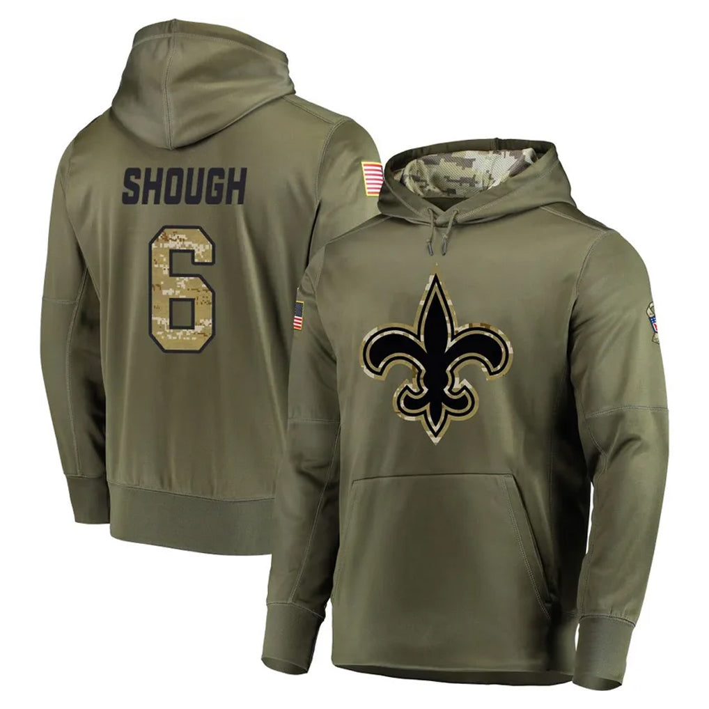 Fenge NO.Saints #6 Tyler Shough Player Olive Salute to Service Pullover Hoodies Home Game Stitched Jerseys