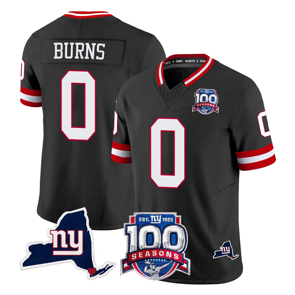 Fenge NY.Giants #0 Brian Burns Player Black 100th Season & State Patch Vapor Limited Home Game Stitched Jerseys