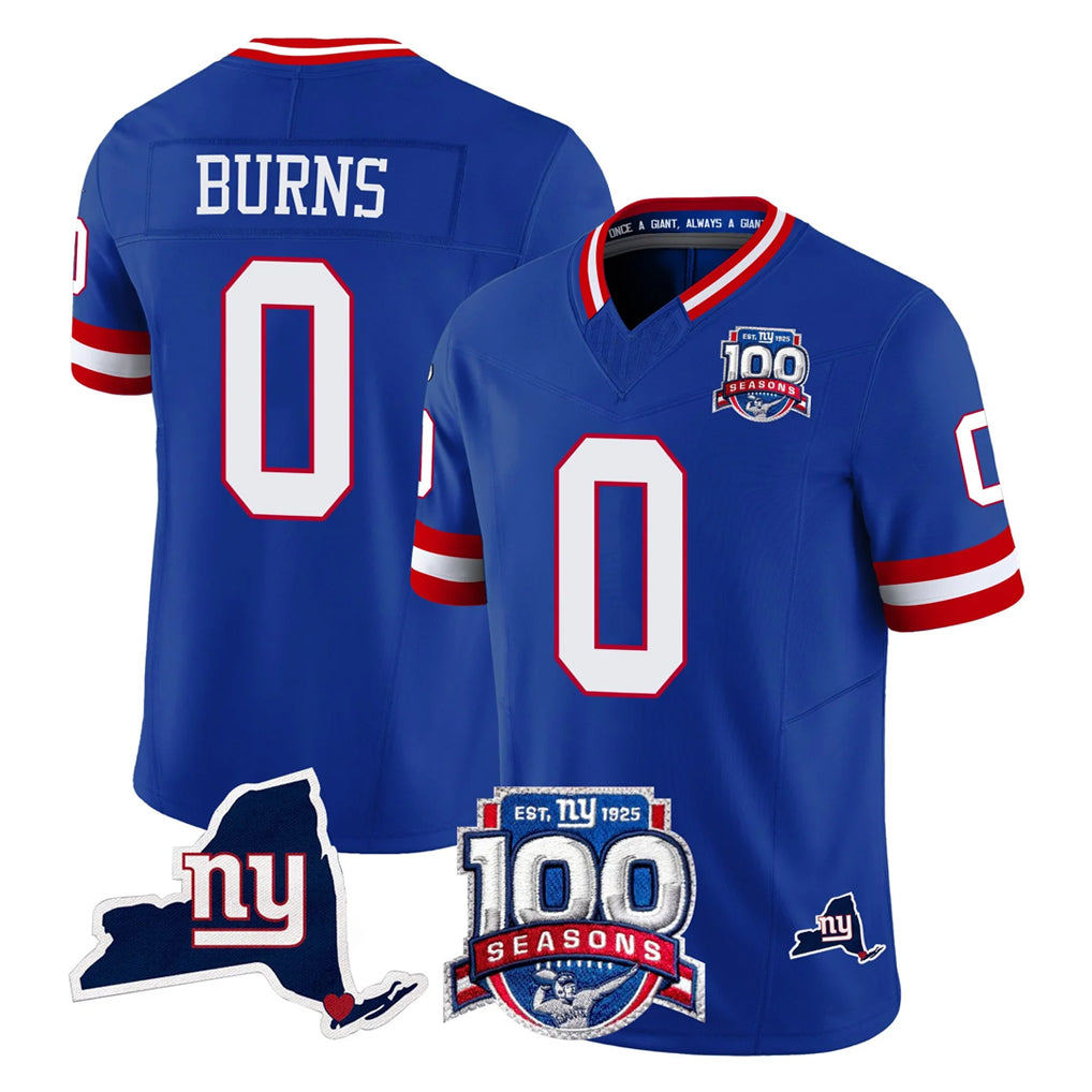 Fenge NY.Giants #0 Brian Burns Player Royal 100th Season & State Patch Vapor Limited Home Game Stitched Jerseys