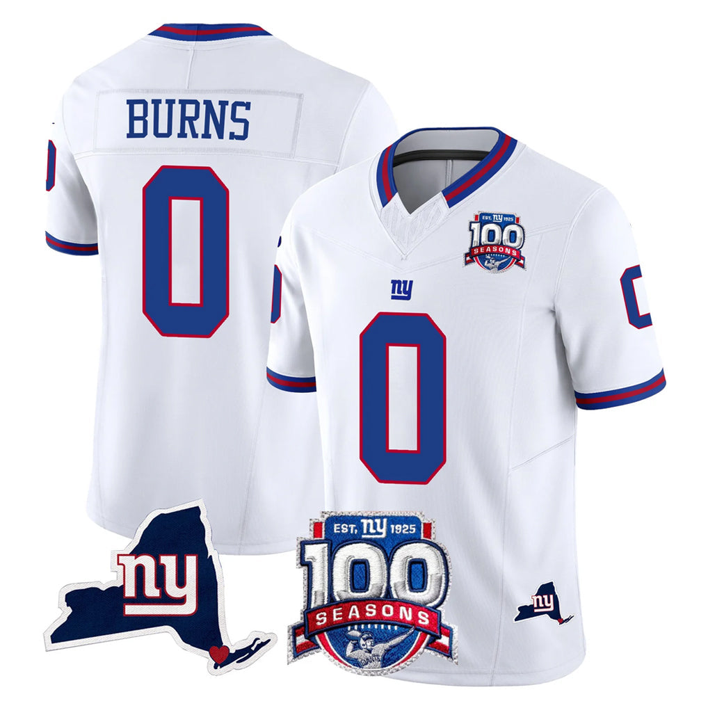 Fenge NY.Giants #0 Brian Burns Player White 100th Season & State Patch Vapor Limited Home Game Stitched Jerseys