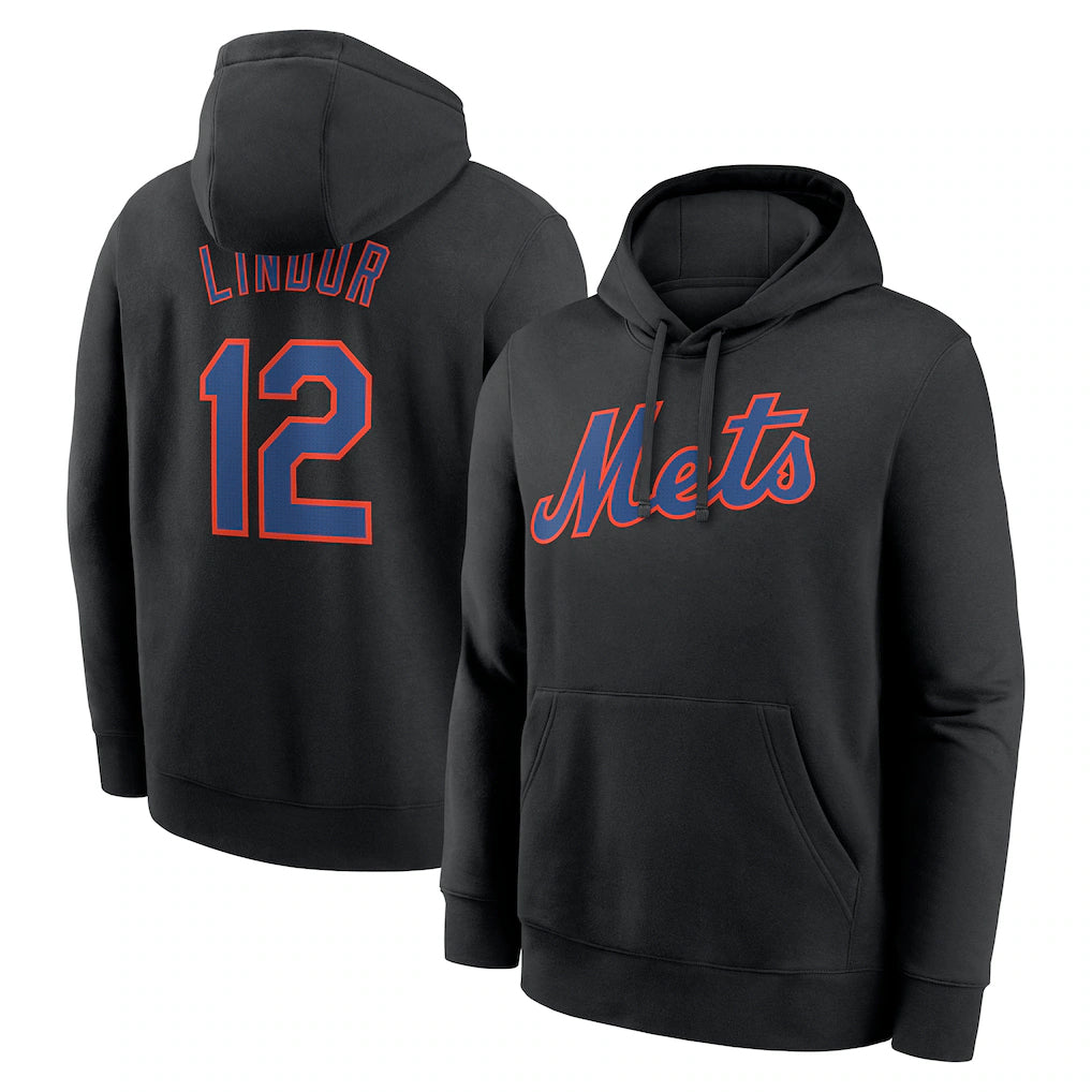 Fenge NY.Mets #12 Francisco Lindor Player Black Club Pullover Hoodie Game Stitched Jerseys