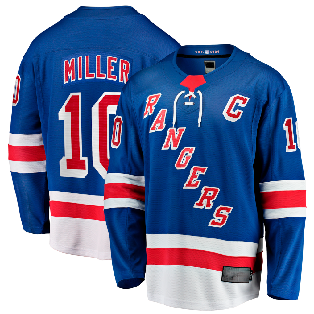 Fenge NY.Rangers #10 JT Miller Blue Home Captain's Patch Breakaway Jerseys