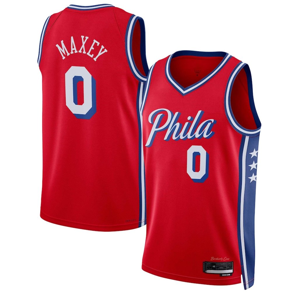 Fenge P.76ers #0 Tyrese Maxey  Red Swingman Jerseys - Statement Edition