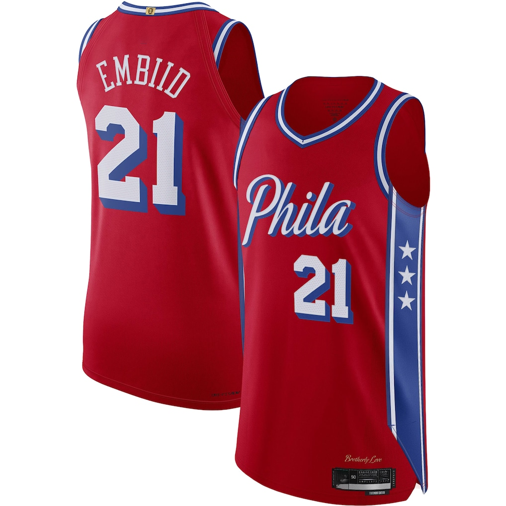 Fenge P.76ers #21 Joel Embiid Jordan Brand Red Authentic Player Jerseys - Statement Edition