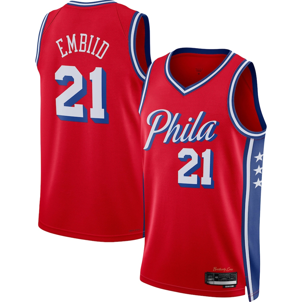 Fenge P.76ers #21 Joel Embiid Jordan Brand Red Swingman Jerseys - Statement Edition