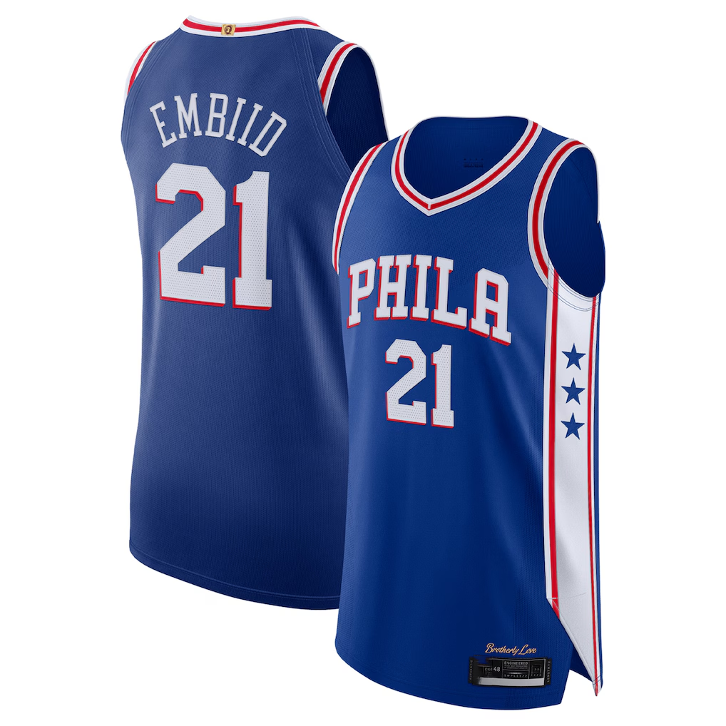 Fenge P.76ers #21 Joel Embiid Royal Authentic Jerseys - Icon Edition