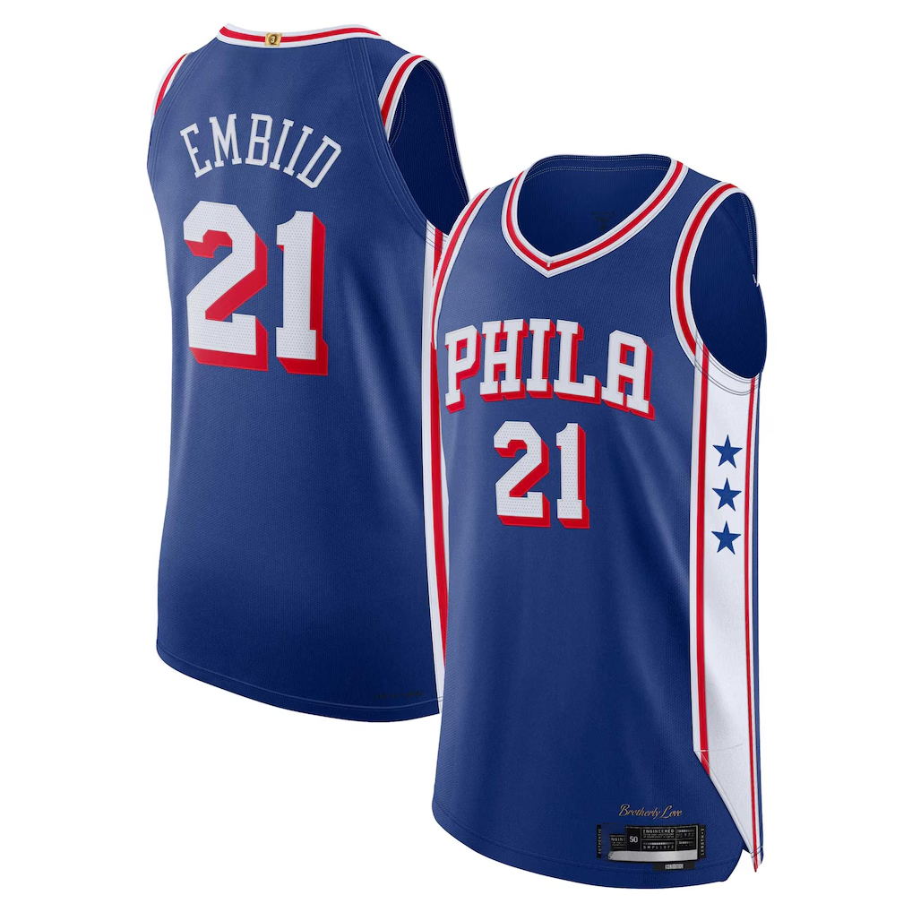 Fenge P.76ers #21 Joel Embiid Royal Authentic Jerseys - Icon Edition