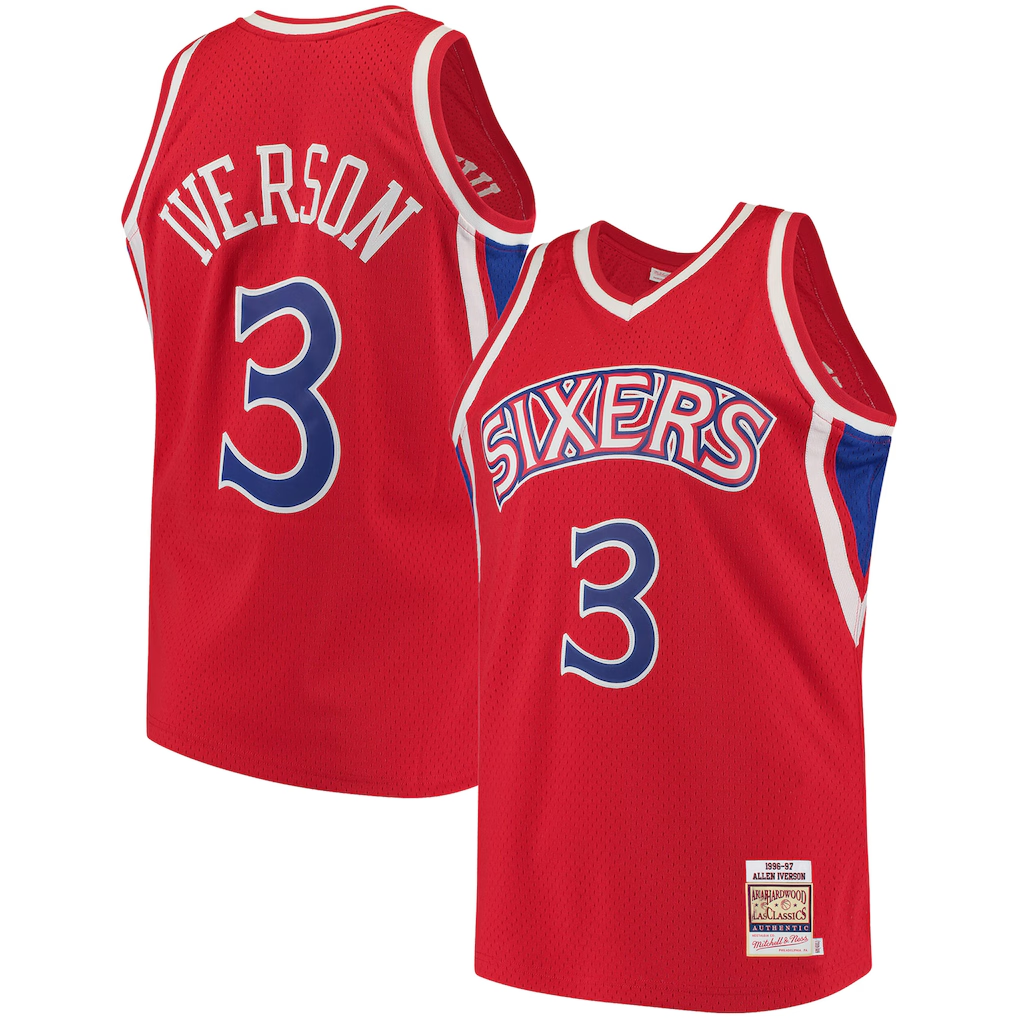 Fenge P.76ers #3 Allen Iverson Mitchell & Ness Red 199697 Hardwood Classics Authentic Jerseys
