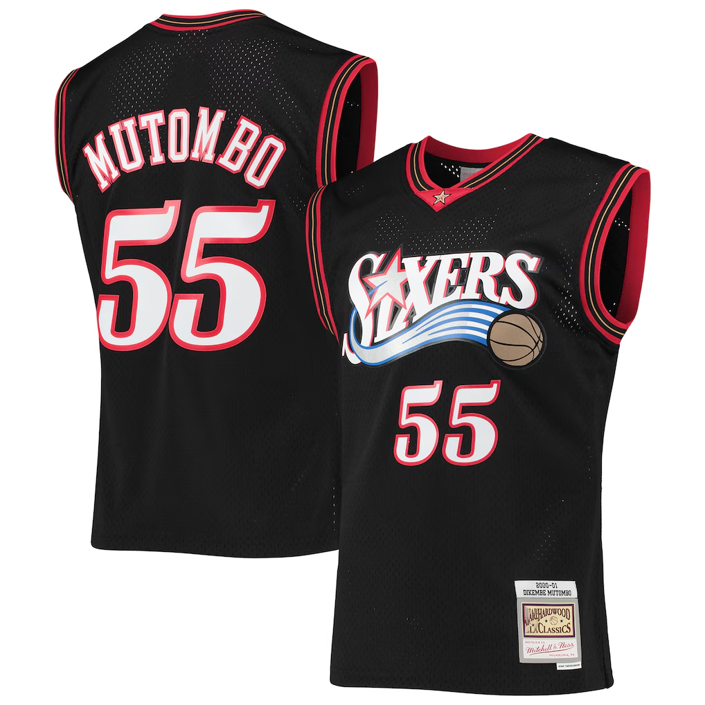 Fenge P.76ers #55 Dikembe Mutombo Mitchell & Ness Black Hardwood Classics Swingman Jerseys