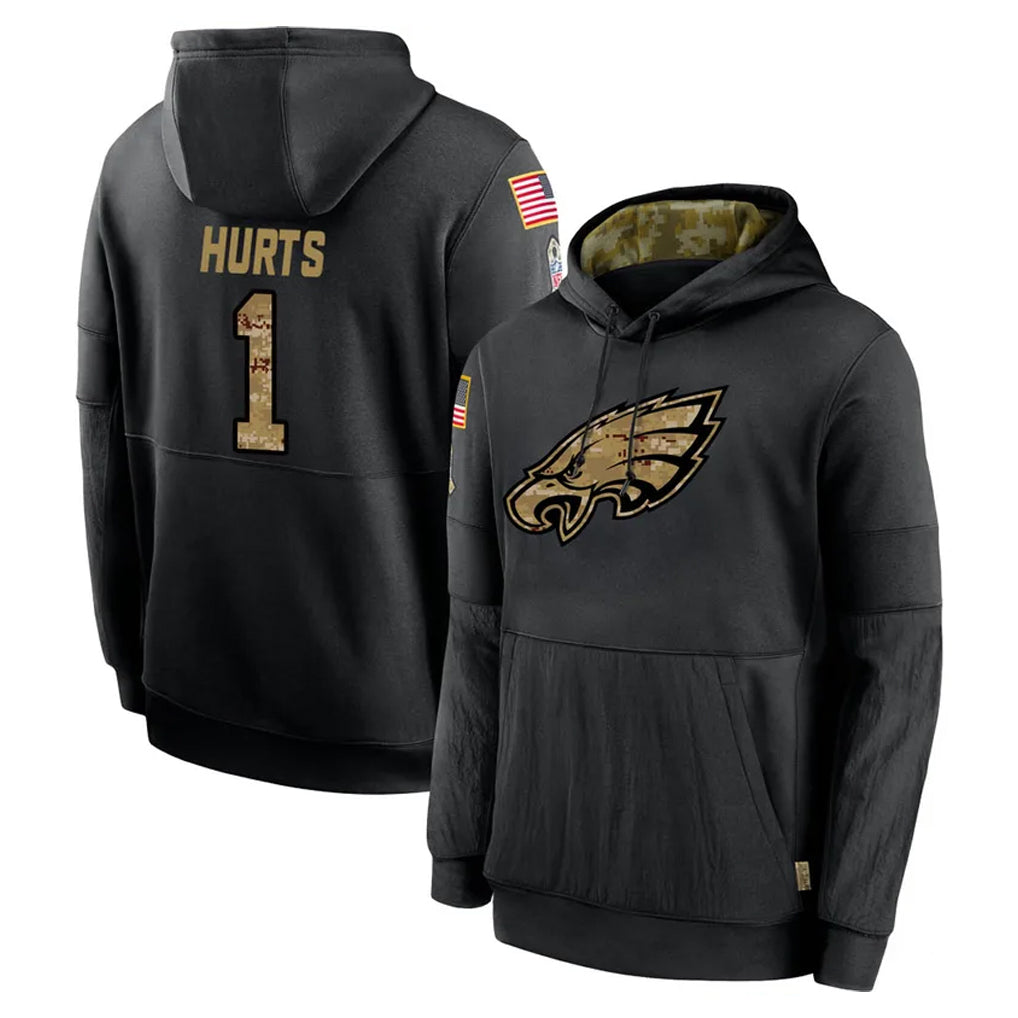 Fenge P.Eagles #1 Jalen Hurts Player Black Salute to Service Hoodies Limited Game Stitched Jerseys