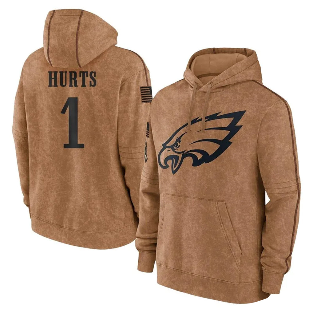 Fenge P.Eagles #1 Jalen Hurts Player Brown Salute to Service Pullover Hoodies Limited Game Stitched Jerseys