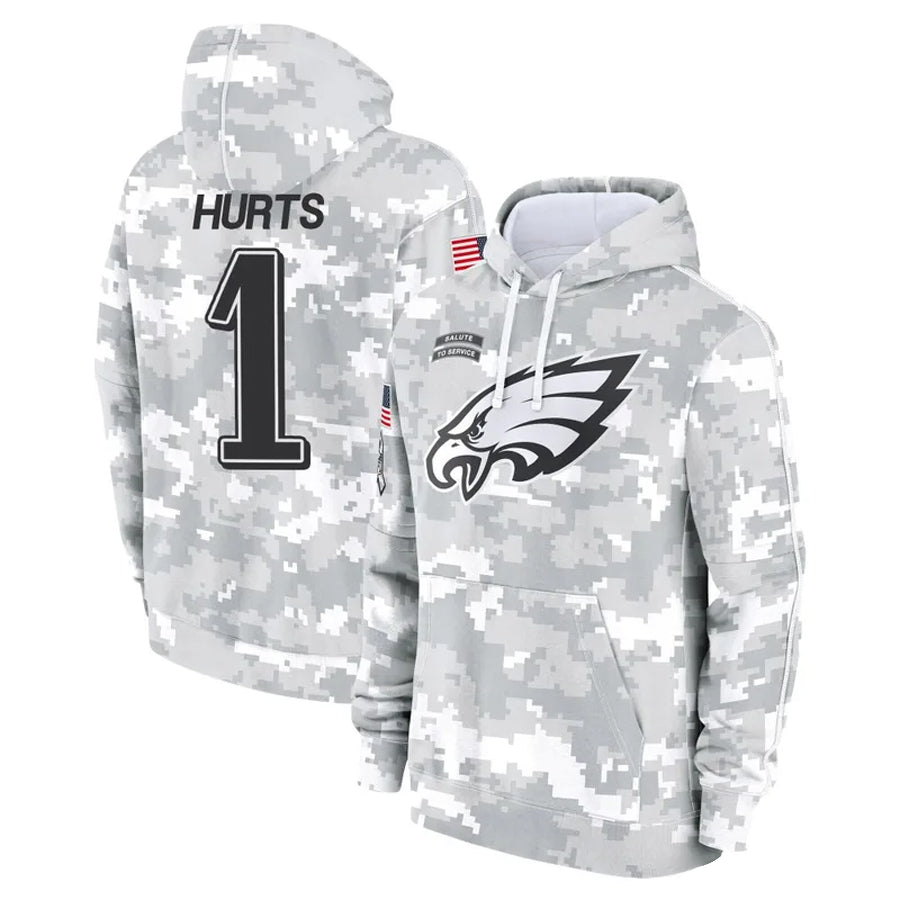 Fenge P.Eagles #1 Jalen Hurts Player Military Hoodie Arctic Camo Salute To Service Stitched Jerseys
