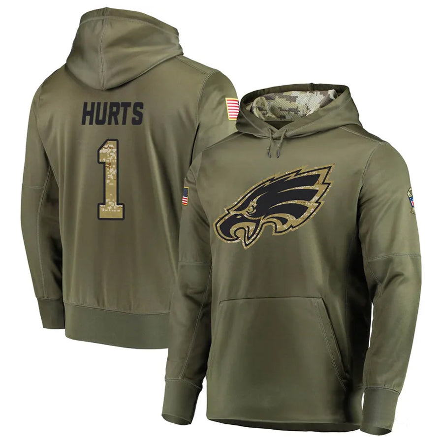Fenge P.Eagles #1 Jalen Hurts Player Military Hoodie Salute To Service Olive Stitched Jerseys