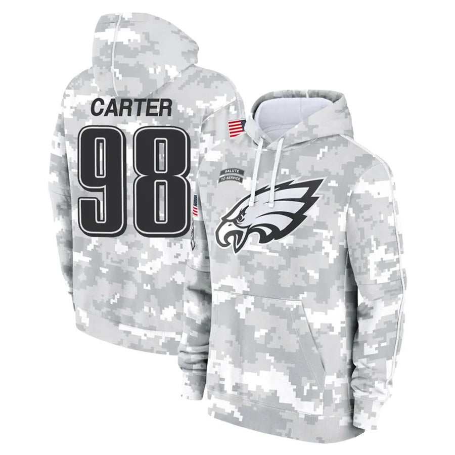 Fenge P.Eagles #98 Jalen Carter Player Military Hoodie Arctic Camo Salute To Service Stitched Jerseys