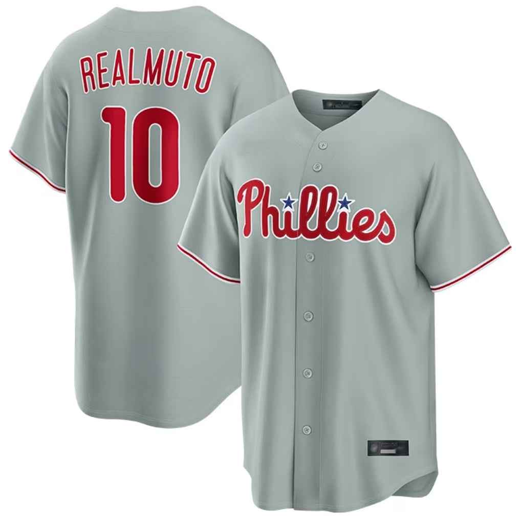 Fenge P.Phillies #10 J.T. Realmuto Player Gray Home Game Stitched Jerseys