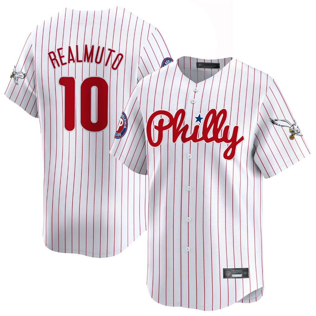 Fenge P.Phillies #10 J.T. Realmuto Player White Pinstripe Phillies & Eagles Vapor Premier Limited Stitched Jerseys