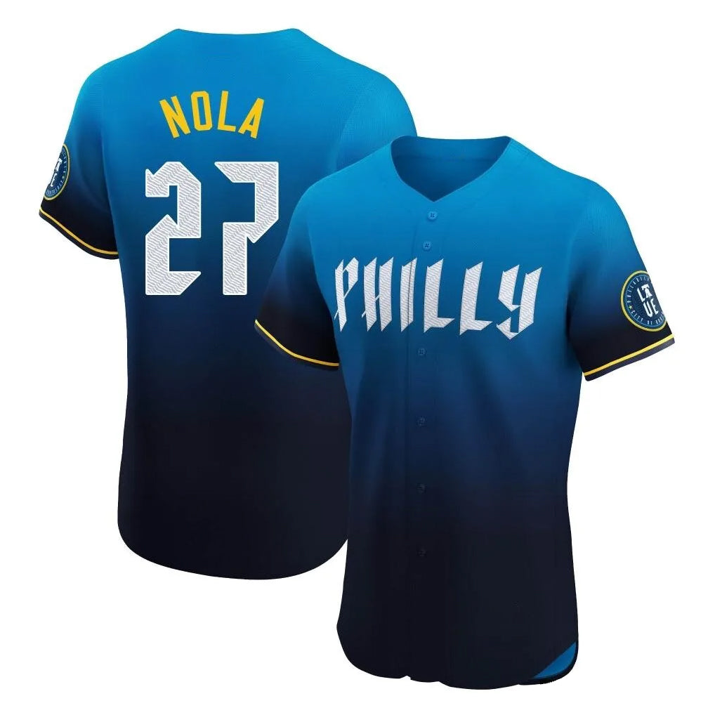 Fenge P.Phillies #27 Aaron Nola Player Blue City Connect Home Limited Elite Stitched Jerseys