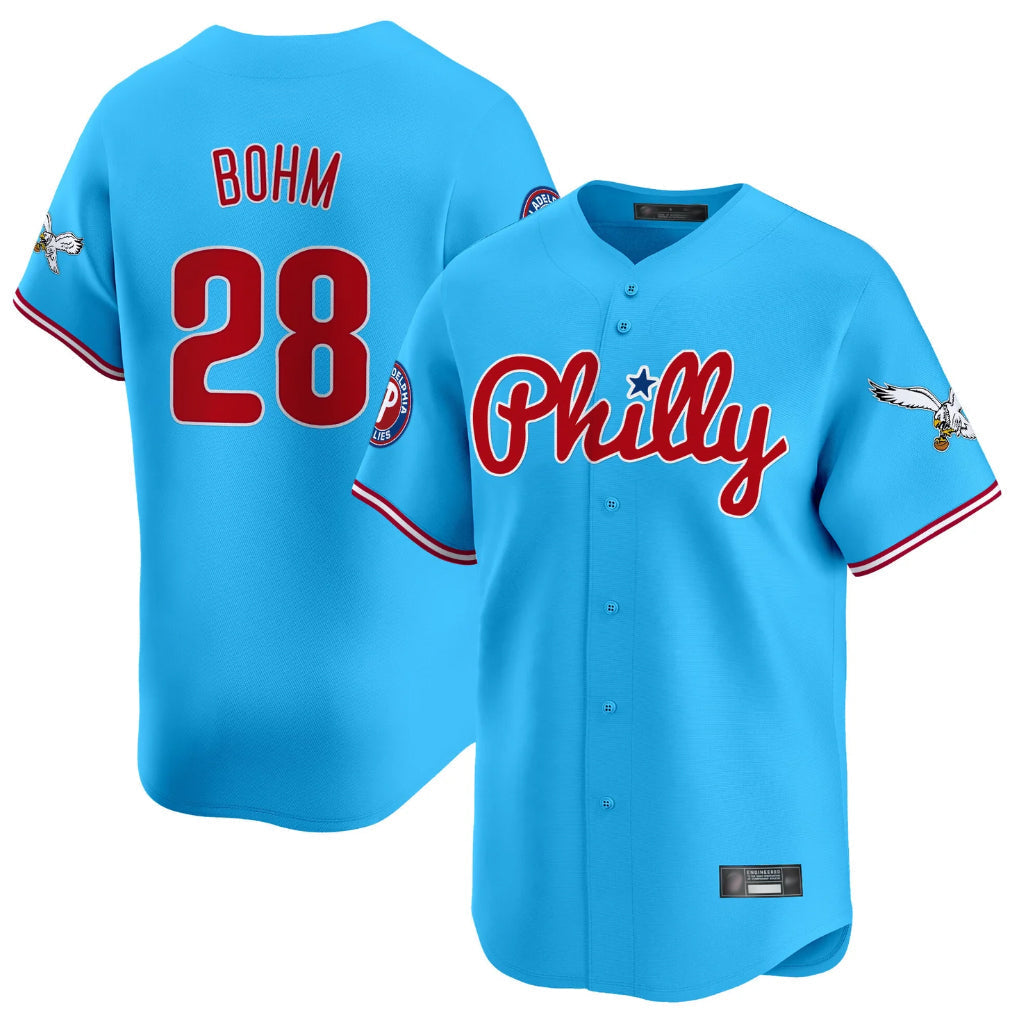 Fenge P.Phillies #28 Alec Bohm Player Light Blue Phillies & Eagles Vapor Premier Limited Home Stitched Jerseys