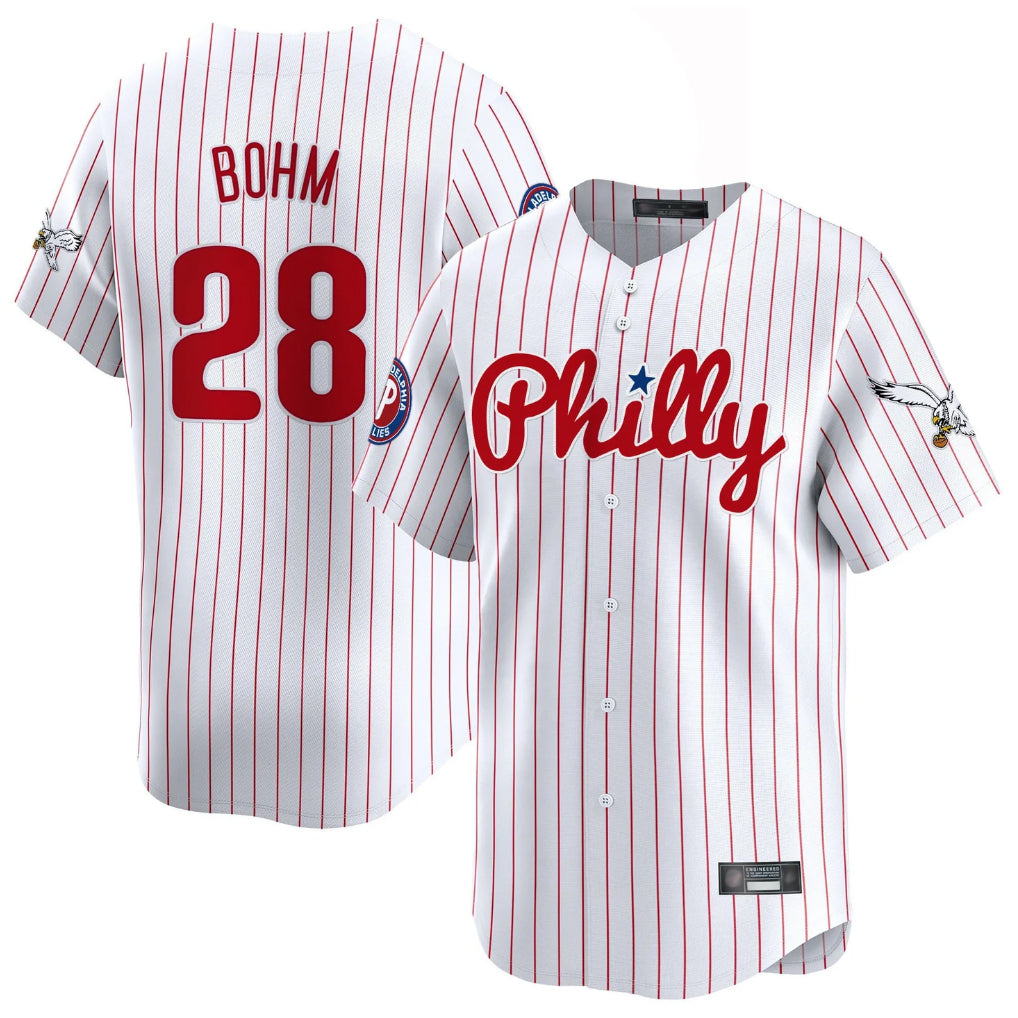 Fenge P.Phillies #28 Alec Bohm Player White Pinstripe Phillies & Eagles Vapor Premier Limited Stitched Jerseys