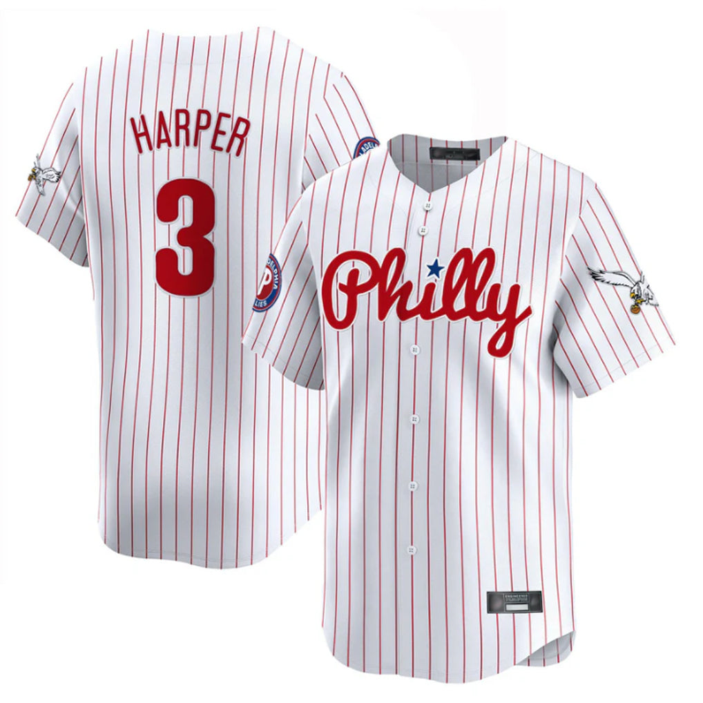 Fenge P.Phillies #3 Bryce Harper Player White Pinstripe Phillies & Eagles Vapor Premier Limited Stitched Jerseys