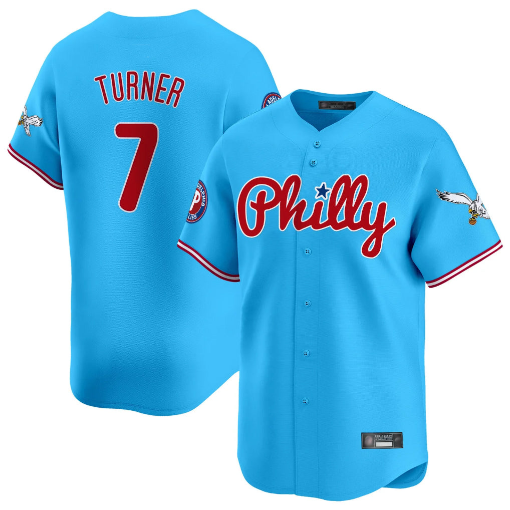 Fenge P.Phillies #7 Trea Turner Player Light Blue Phillies & Eagles Vapor Premier Limited Stitched Jerseys