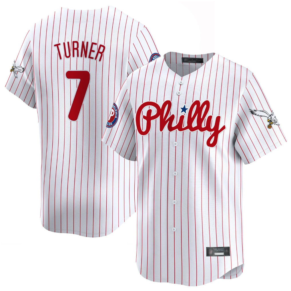 Fenge P.Phillies #7 Trea Turner Player White Pinstripe Phillies & Eagles Vapor Premier Limited Stitched Jerseys