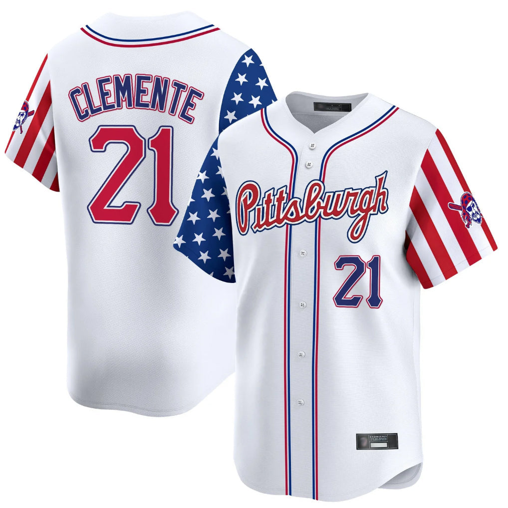 Fenge P.Pirates #21 Roberto Clemente Player White 2025 Independence Day Vapor Premier Limited Stitched Jerseys