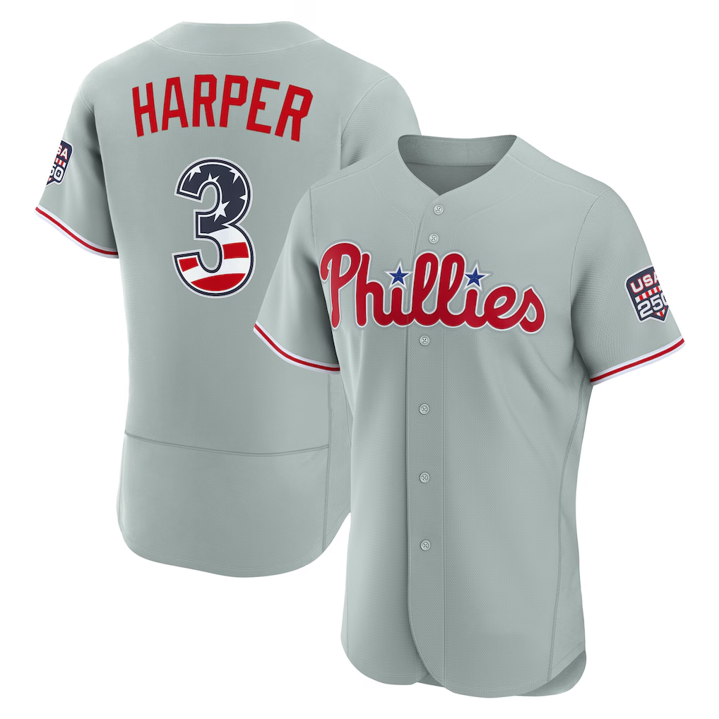 Fenge PH.Phillies #3 Bryce Harper Gray USA 250 Fourth of July Road Authentic Jersey