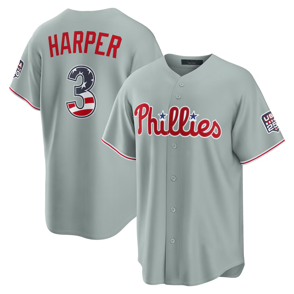 Fenge PH.Phillies #3 Bryce Harper Gray USA 250 Fourth of July Road Stadium Jersey