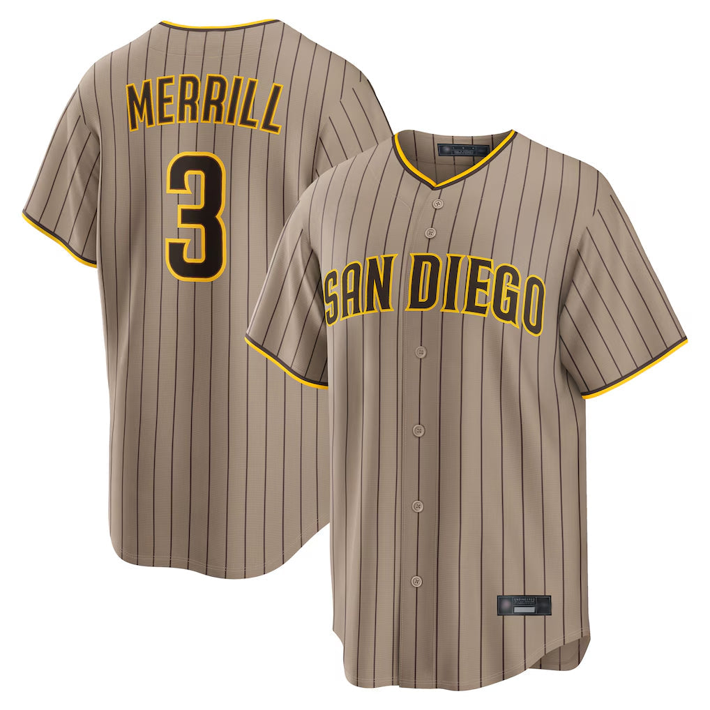 Fenge S.Diego Padres #3 Jackson Merrill Player Khaki Home Game Stitched Jerseys